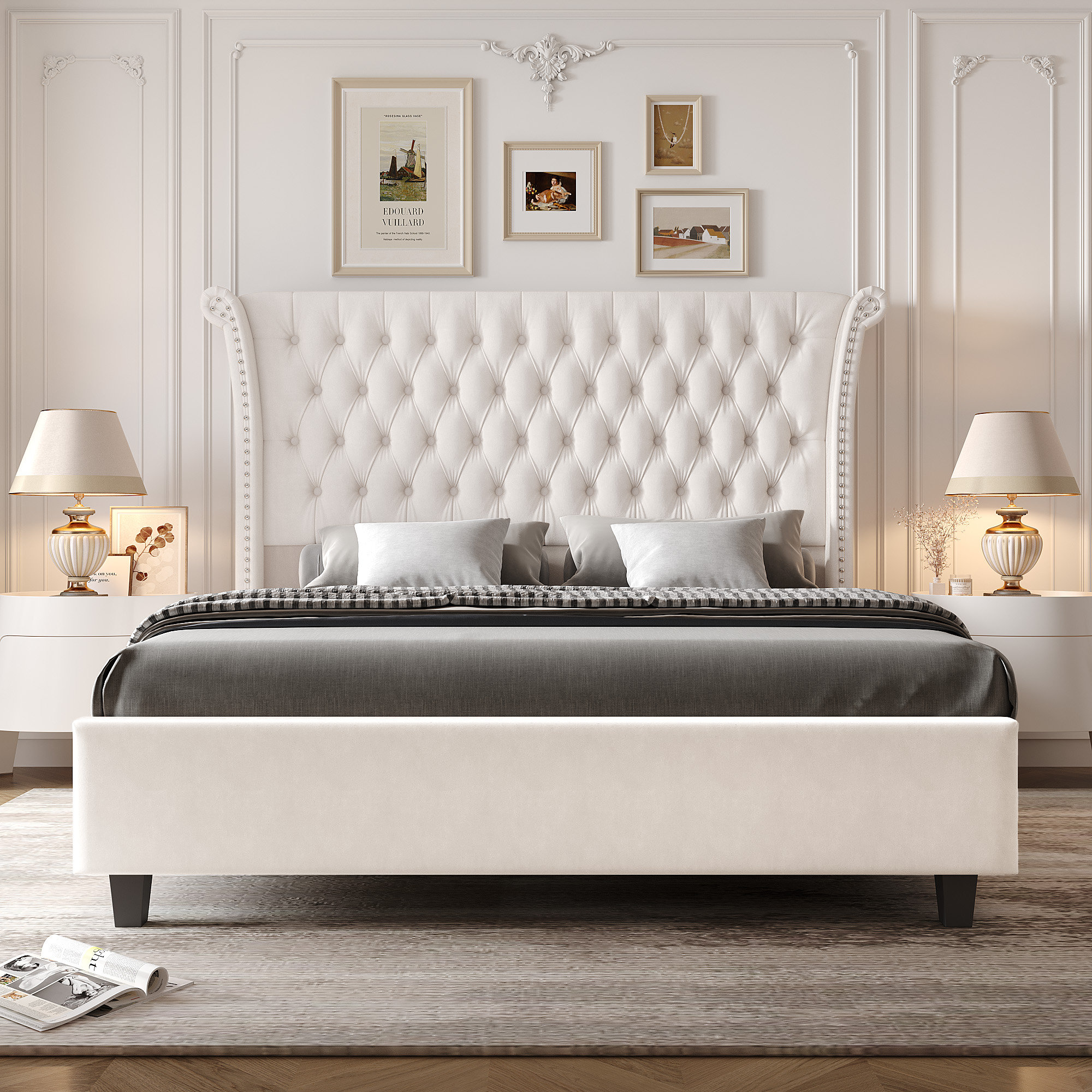 Ellaville Upholstered Wingback Bed with Raised Headboard Willa Arlo Interiors Color Beige Size Queen